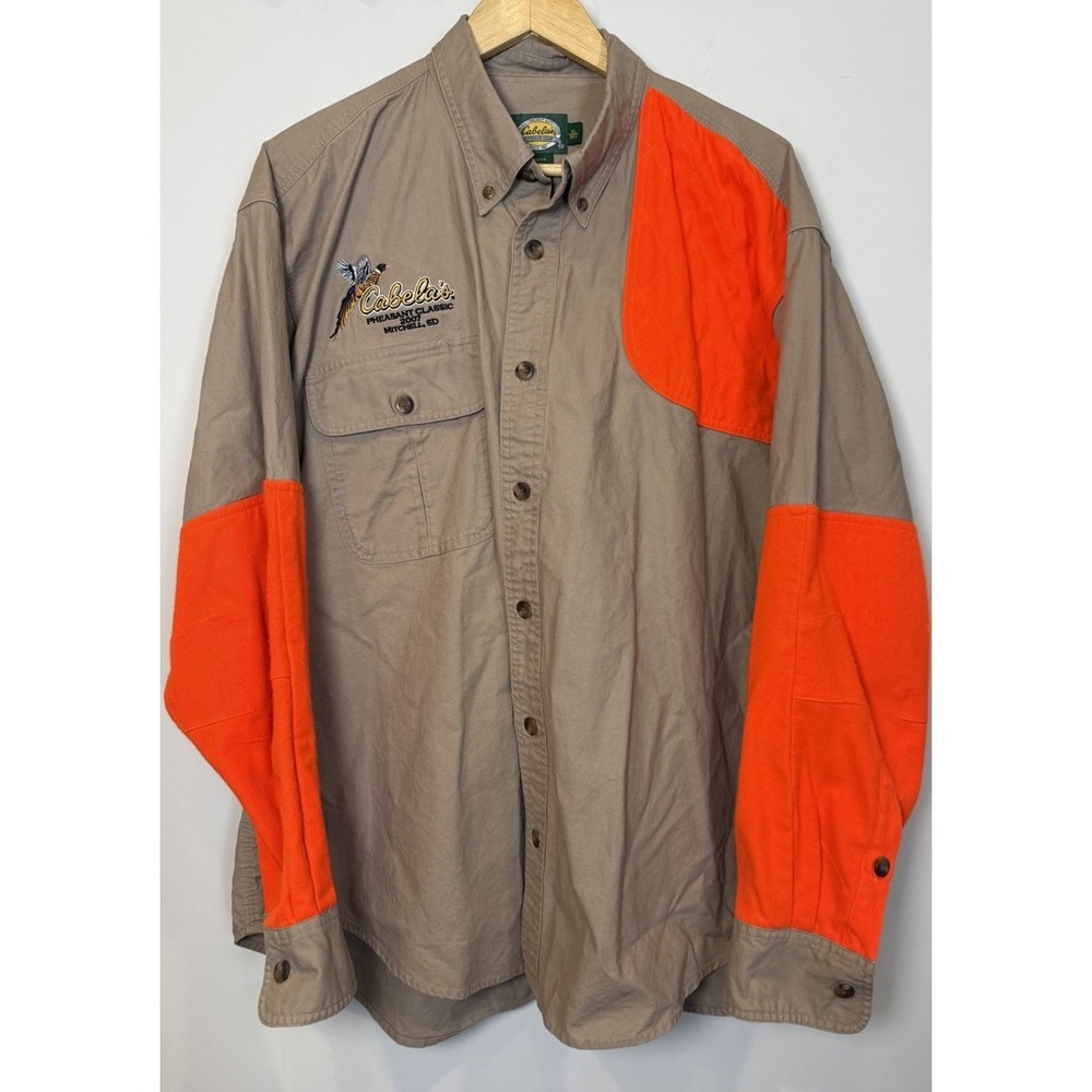 Cabelas Shirt Mens XL Beige Orange Shooting Hunting Pheasant Classic Mitchell SD